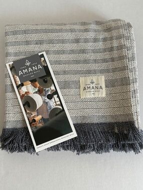 NEW! Amana Woolen Mill 100% Cotton Throw (Color: Gray/Blue/White)